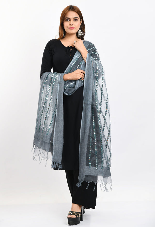 Women's Orgenza Mirror Stripe Thread Work Grey Dupatta - Moeza