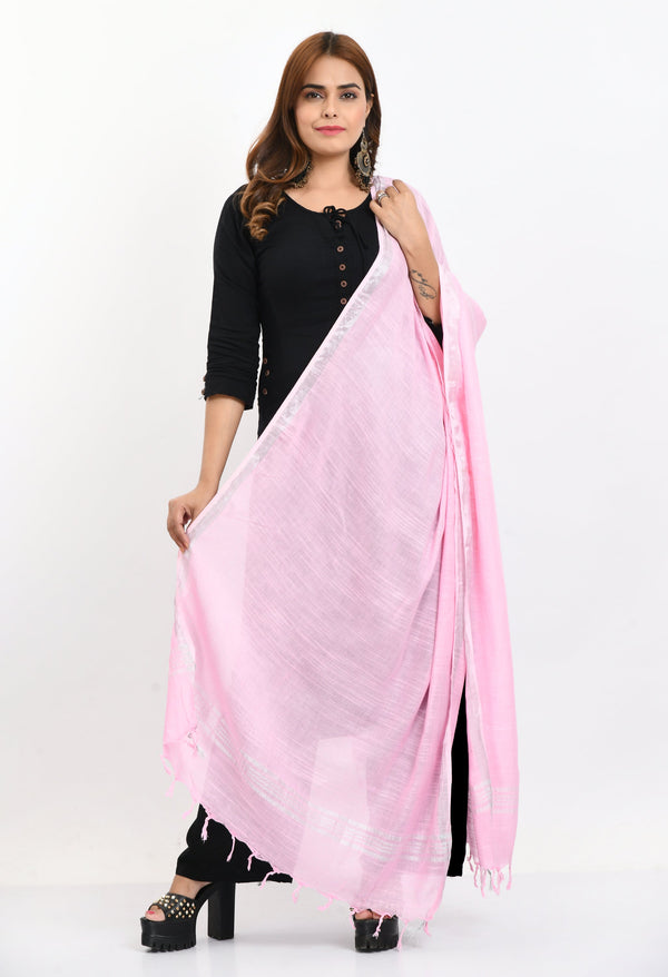 Women's Linen Cotton Silver Border Baby Pink Dupatta - Moeza