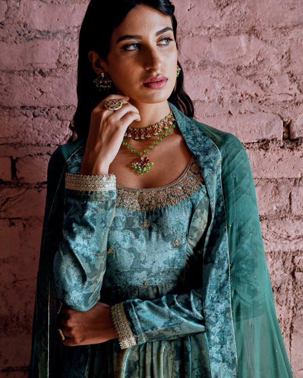 CASTLETON GREEN FLARED MAKHMAL ANARKALI SET