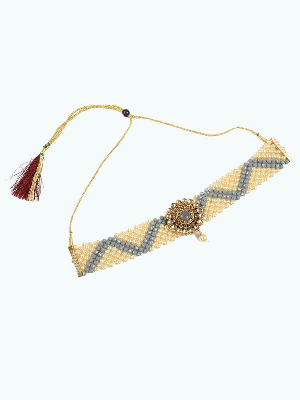 Women's  gray and golden colour beads and kundan nacklace -Tehzeeb