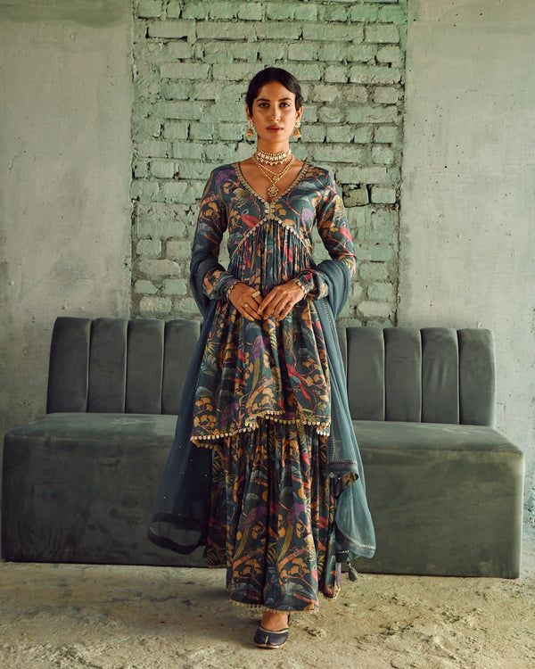 GREY PRINTED FLARED SHARARA SET