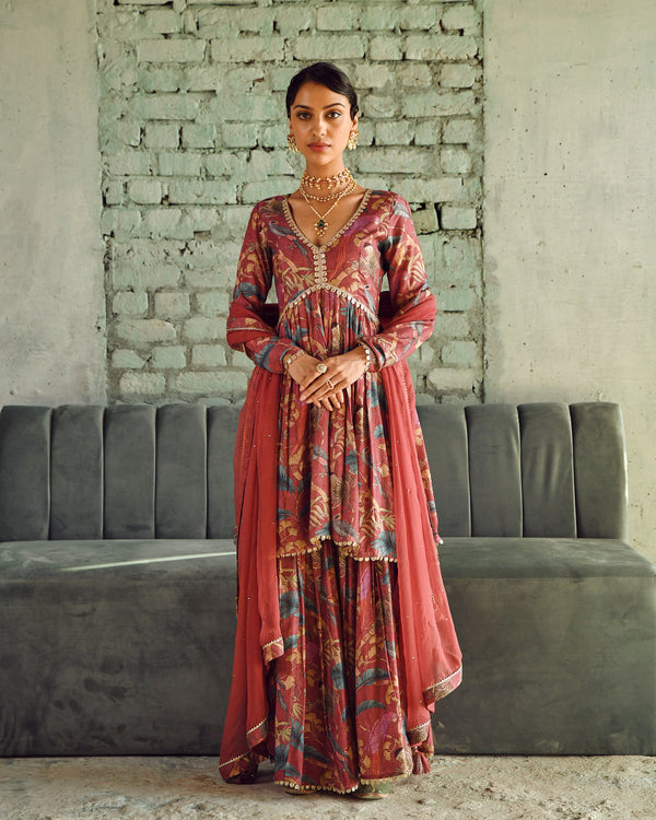 MAROON PRINTED FLARED SHARARA SET