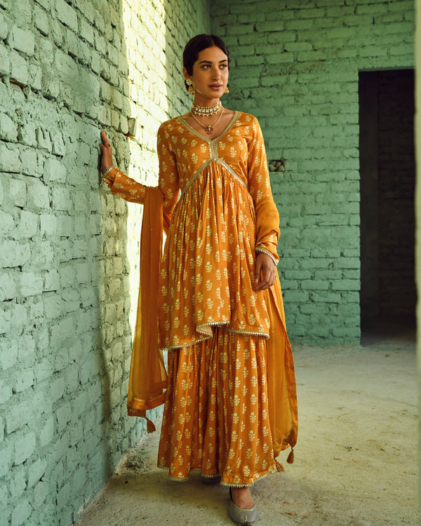 MUSTARD BUTTI PRINTED FLARED SHARARA SET