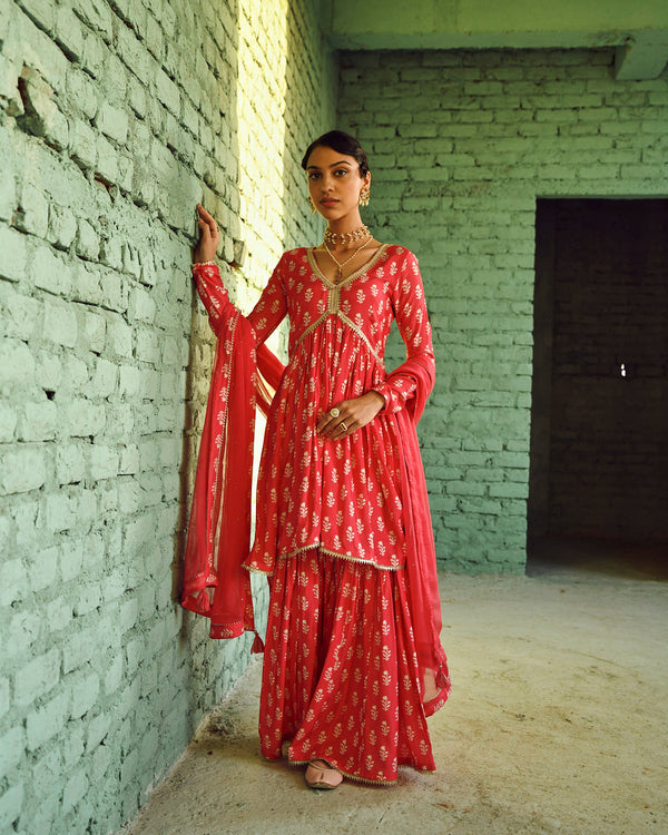 RED BUTTI PRINTED FLARED SHARARA SET