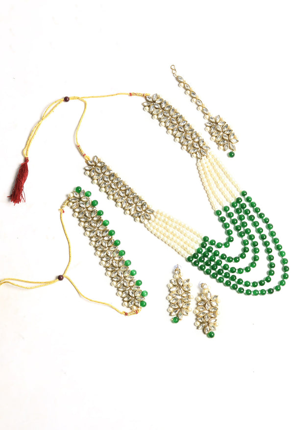 Women's Green And White Pearl And Kundan Necklaceset With Earrings And Tika - Tehzeeb