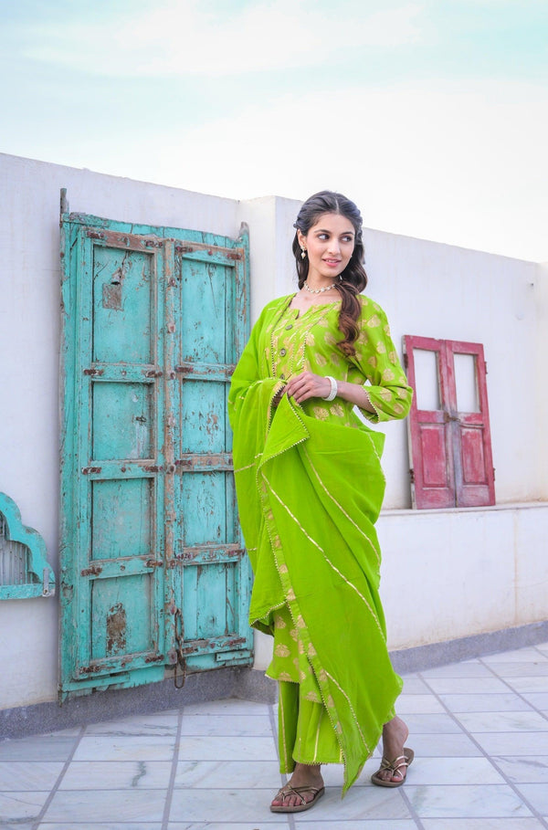 Women's Green Gold-toned Printed Regular Kurta with Sharara Dupatta - NOZ2TOZ - Indiakreations