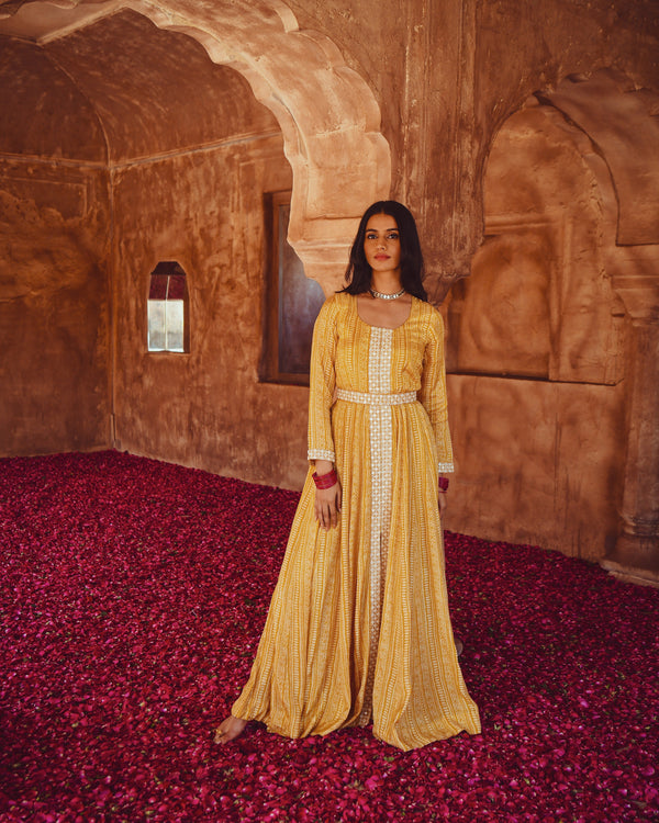 GUL YELLOW MUSLIN COTTON DRESS WITH THREAD EMBROIDERY