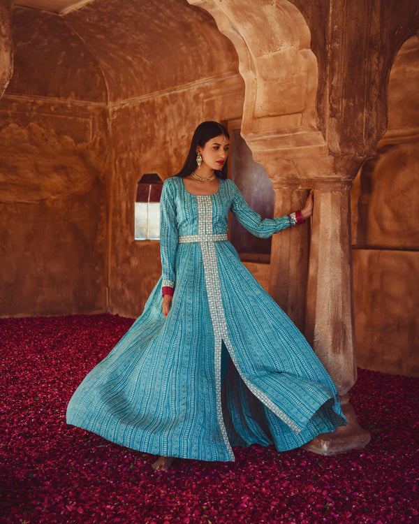 GUL BLUE MUSLIN COTTON DRESS WITH THREAD EMBROIDERY