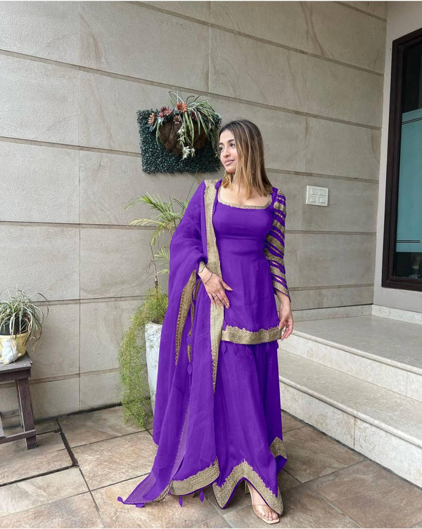 Violet Georgette Embroidery Salwar Suit with Dupatta Set - Indiakreations