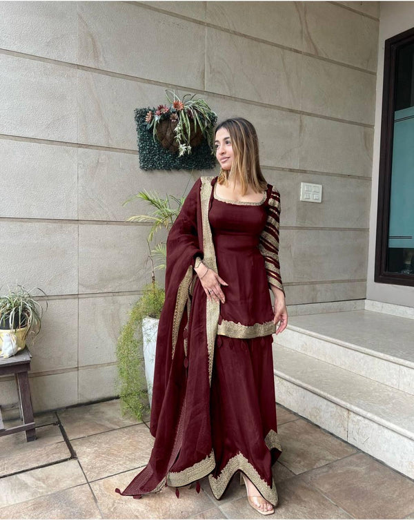 Maroon Georgette Embroidery Salwar Suit with Dupatta Set - Indiakreations