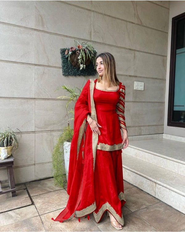 Red Georgette Embroidery Salwar Suit with Dupatta Set - Indiakreations