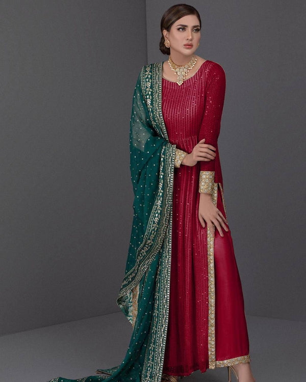 Red Georgette Embroidery Salwar Suit with Dupatta Set - Indiakreations