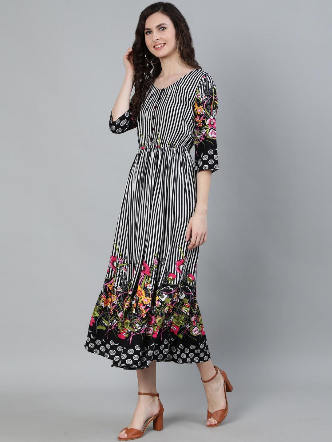 Women's Black & White Striped Dress - Ishin - Indiakreations