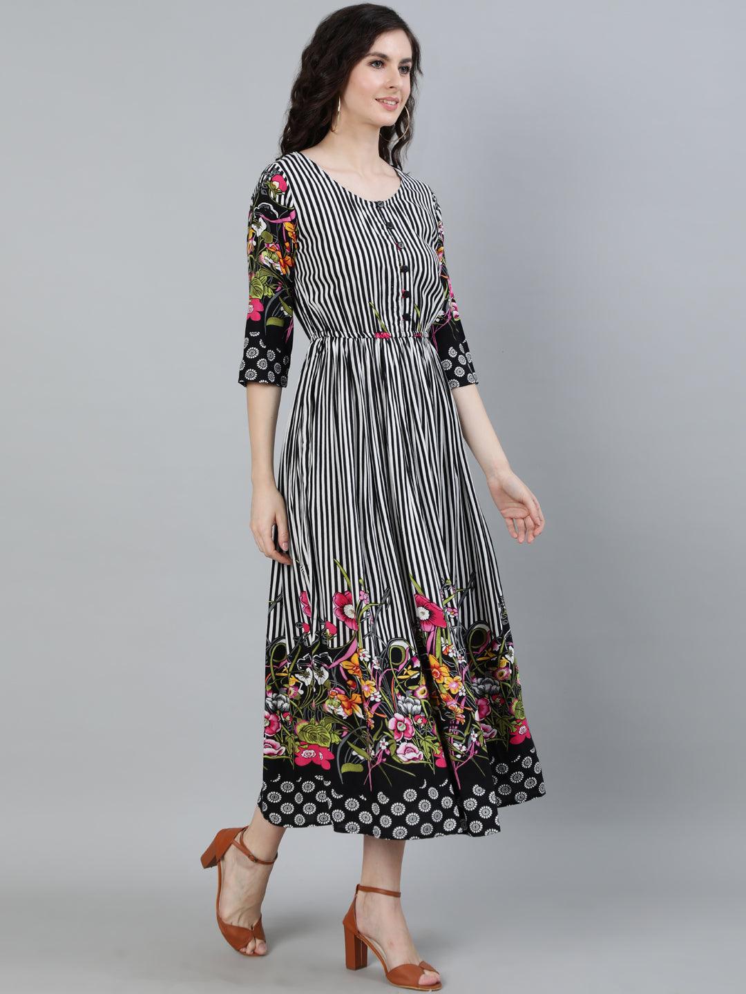 Women's Black & White Striped Dress - Ishin - Indiakreations