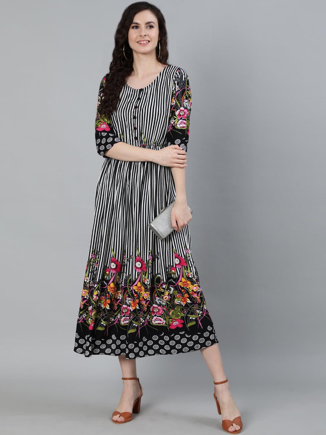 Women's Black & White Striped Dress - Ishin - Indiakreations