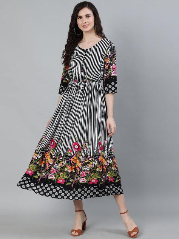 Women's Black & White Striped Dress - Ishin - Indiakreations