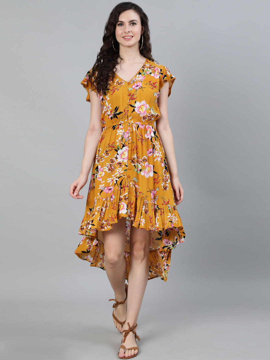 Women's Mustard Asymmetric Floral Dress - Ishin