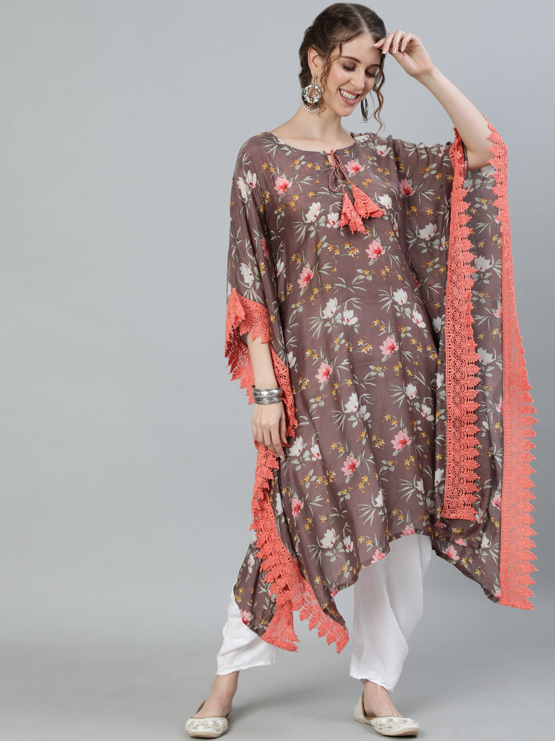 Women's Brown Embellished Kaftan Styled Kurta - Ishin