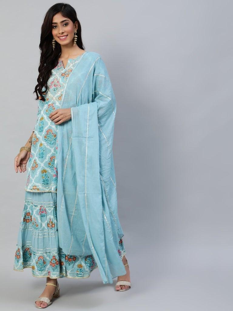 Women's Cotton Blue Embroidered Anarkali Peplum Kurta Sharara Dupatta Set - Ishin - Indiakreations