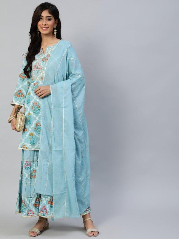 Women's Cotton Blue Embroidered Anarkali Peplum Kurta Sharara Dupatta Set - Ishin - Indiakreations