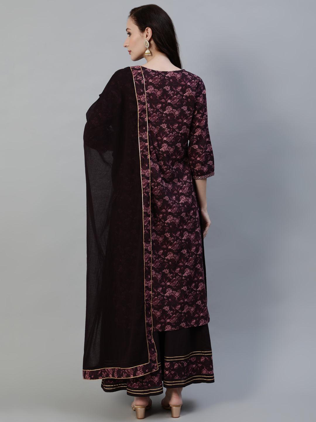 Women's Burgundy Embellished A-Line Kurta With Sharara & Dupatta - Ishin - Indiakreations