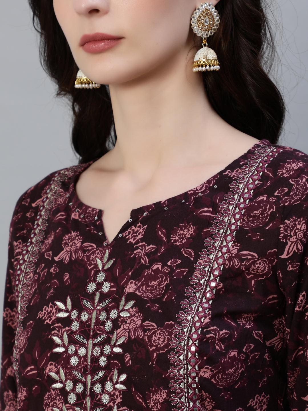 Women's Burgundy Embellished A-Line Kurta With Sharara & Dupatta - Ishin - Indiakreations