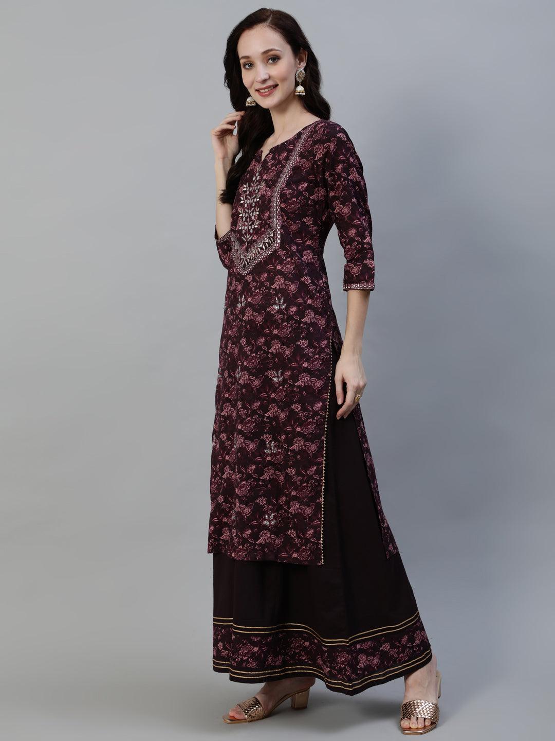 Women's Burgundy Embellished A-Line Kurta With Sharara & Dupatta - Ishin - Indiakreations