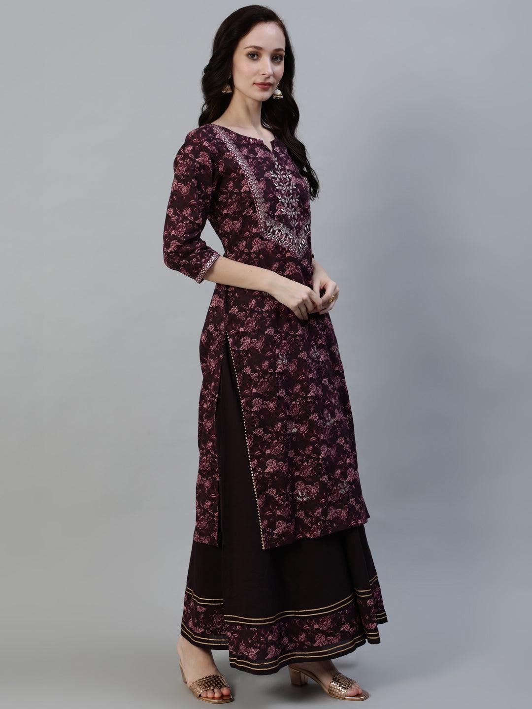 Women's Burgundy Embellished A-Line Kurta With Sharara & Dupatta - Ishin - Indiakreations