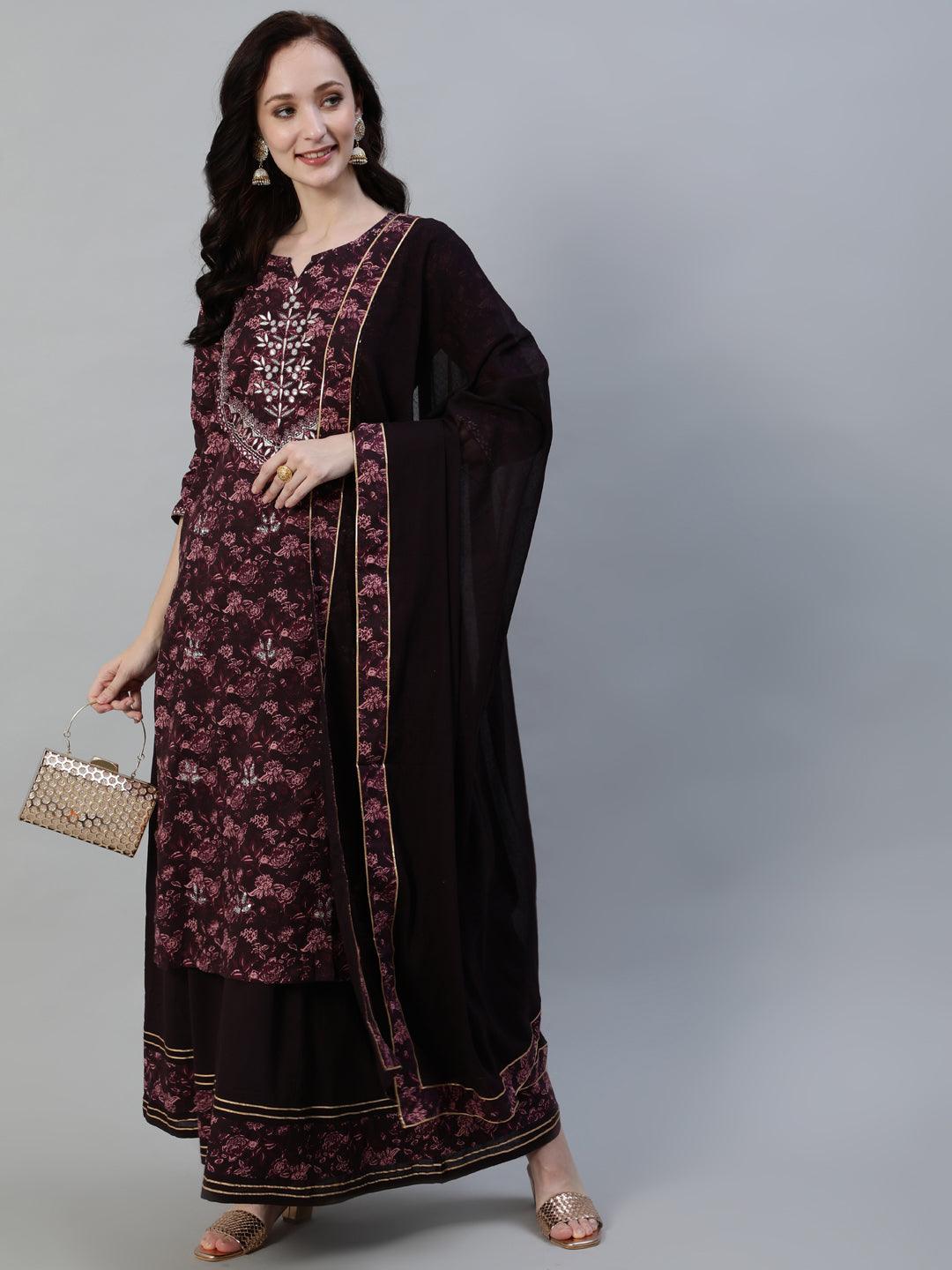 Women's Burgundy Embellished A-Line Kurta With Sharara & Dupatta - Ishin - Indiakreations