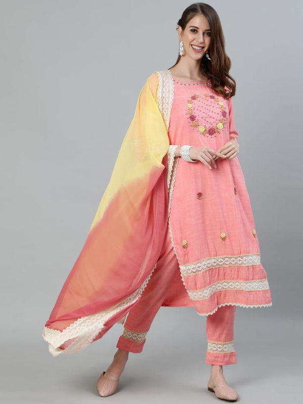 Women's Peach Embroidered A-Line Kurta With Trouser & Dupatta - Ishin - Indiakreations