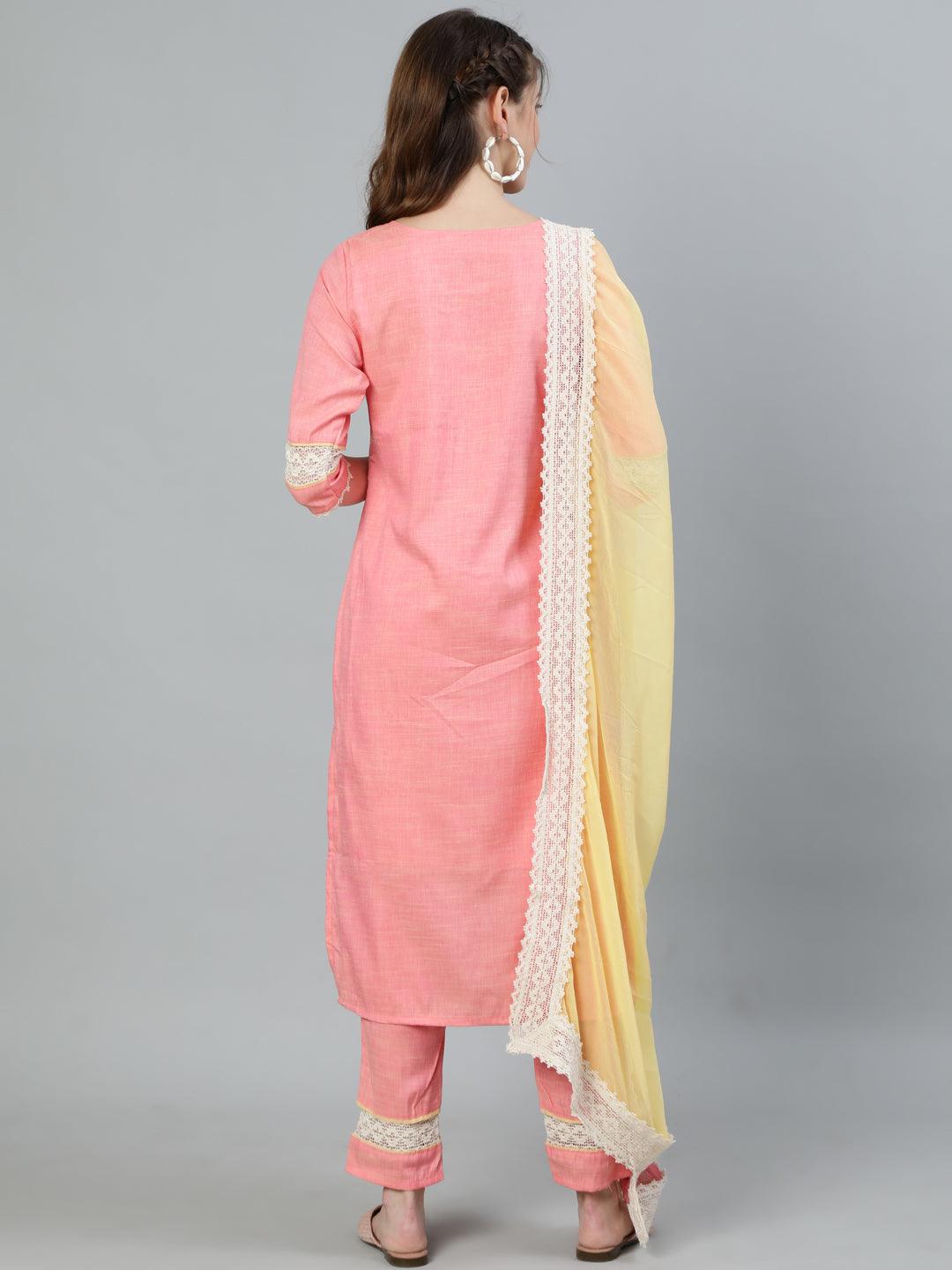 Women's Peach Embroidered A-Line Kurta With Trouser & Dupatta - Ishin - Indiakreations