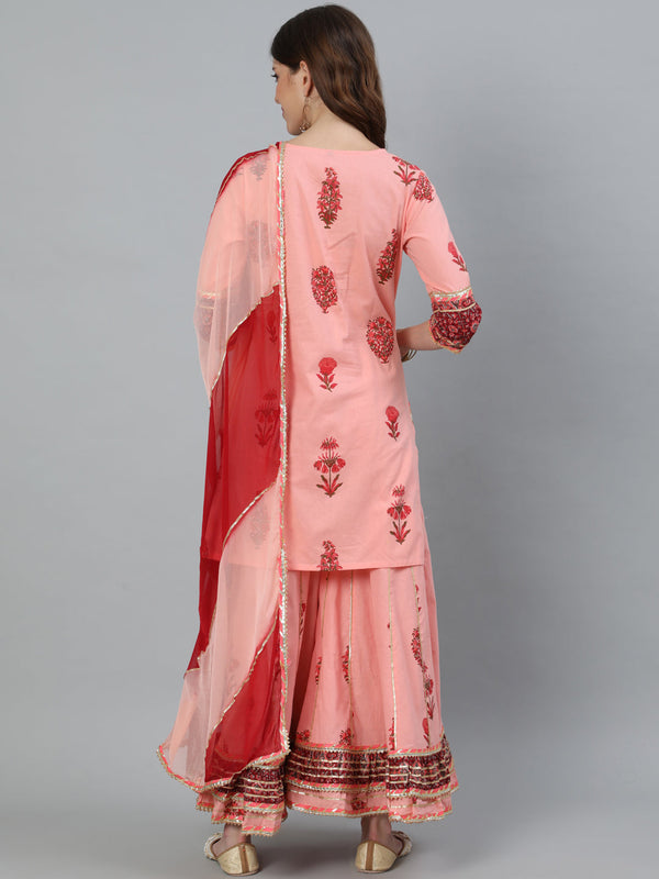 Women's Peach Embroidered A-Line Kurta With Sharara & Dupatta - Ishin