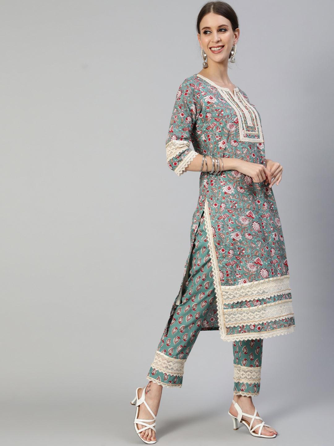 Women's Cotton Green Embroidered A-Line Kurta Trouser Dupatta Set - Ishin - Indiakreations