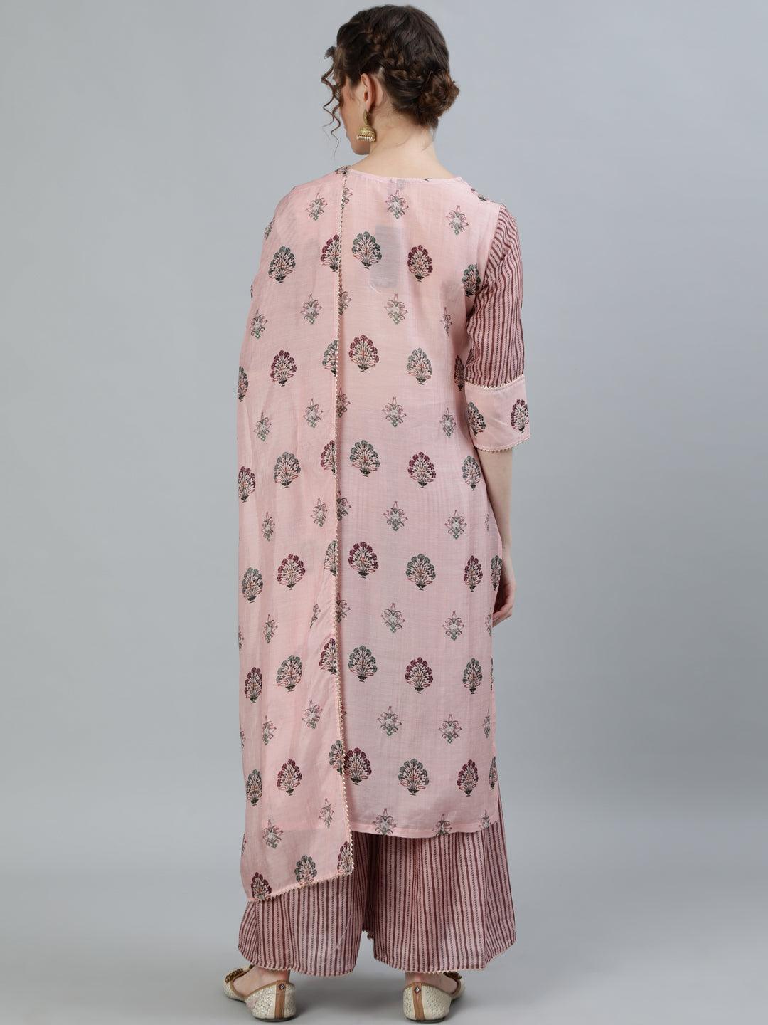 Women's Pink Ethnic Motifs Printed Angrakha Pure Silk Kurti With Palazzos & Dupatta - Ishin - Indiakreations