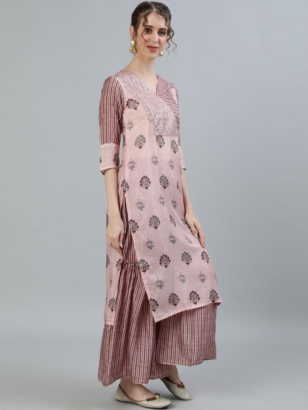 Women's Pink Ethnic Motifs Printed Angrakha Pure Silk Kurti With Palazzos & Dupatta - Ishin - Indiakreations