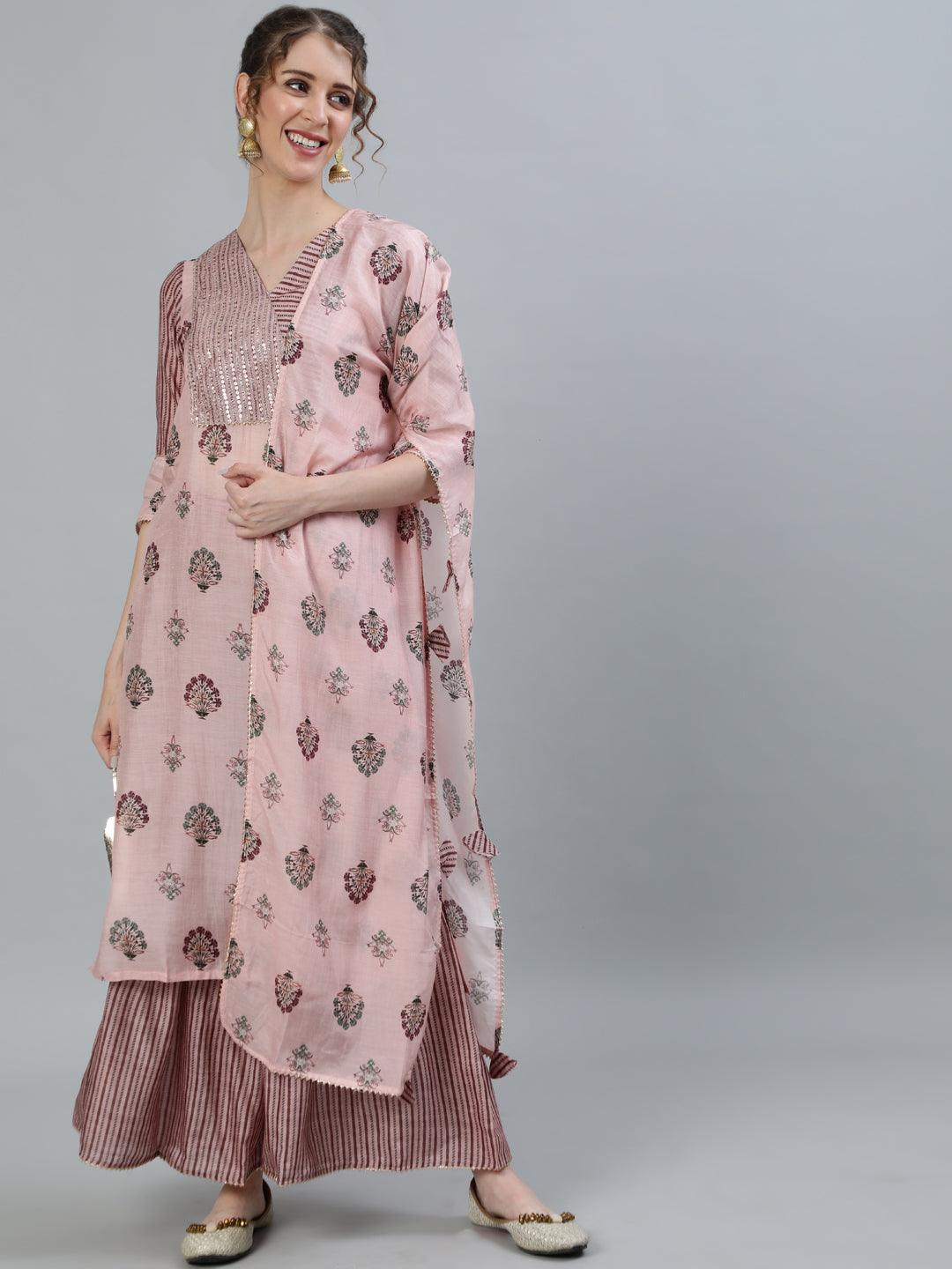 Women's Pink Ethnic Motifs Printed Angrakha Pure Silk Kurti With Palazzos & Dupatta - Ishin - Indiakreations