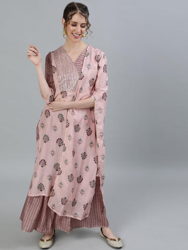 Women's Pink Ethnic Motifs Printed Angrakha Pure Silk Kurti With Palazzos & Dupatta - Ishin - Indiakreations