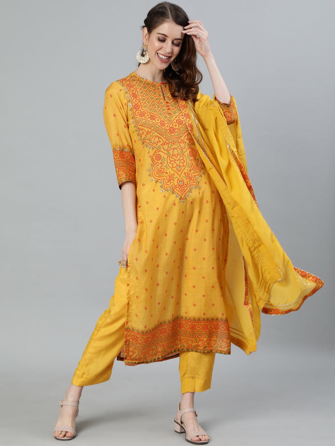 Women's Mustard Kurta With Trouser & Dupatta by Ishin- (3pcs set) - Indiakreations