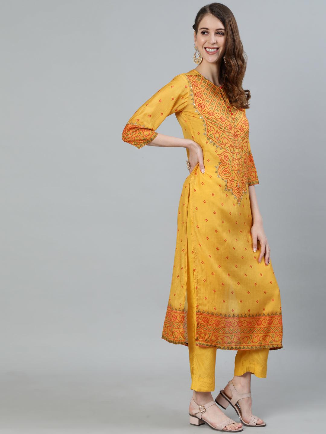 Women's Mustard Kurta With Trouser & Dupatta by Ishin- (3pcs set) - Indiakreations