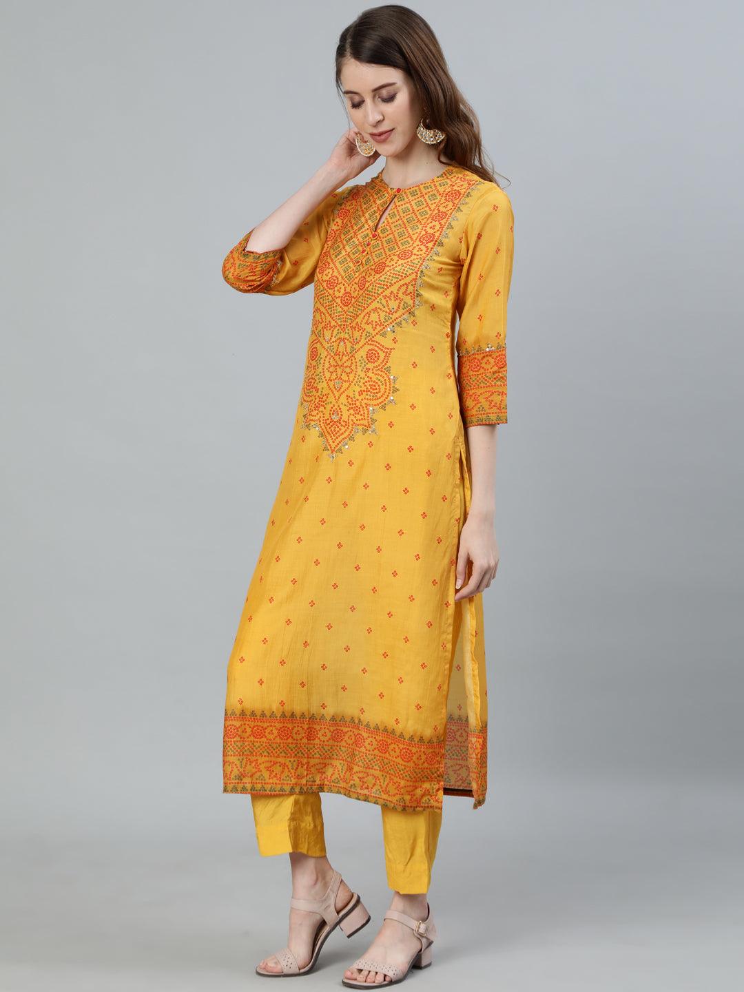 Women's Mustard Kurta With Trouser & Dupatta by Ishin- (3pcs set) - Indiakreations