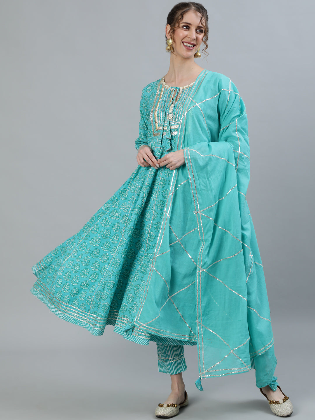 Women's Sea Green Gota Patti Anarkali Kurta With Trouser & Dupatta  - Ishin