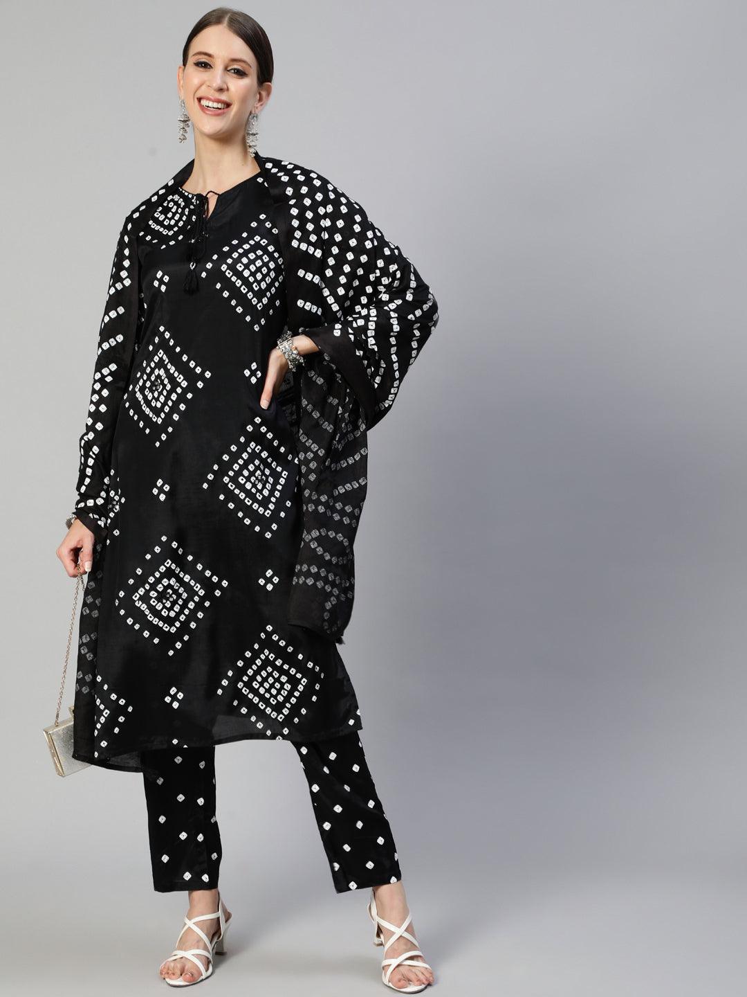 Women's Black Kurta and Trouser with Dupatta Set by Ishin- (3pcs set) - Indiakreations