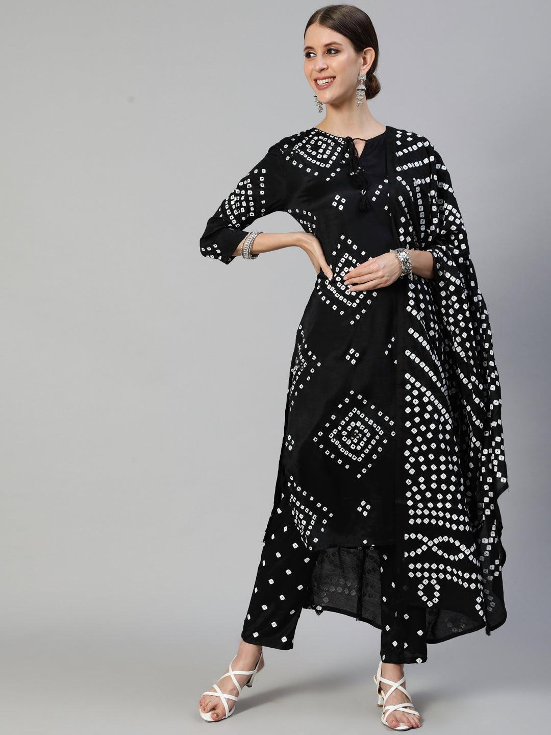 Women's Black Kurta and Trouser with Dupatta Set by Ishin- (3pcs set) - Indiakreations