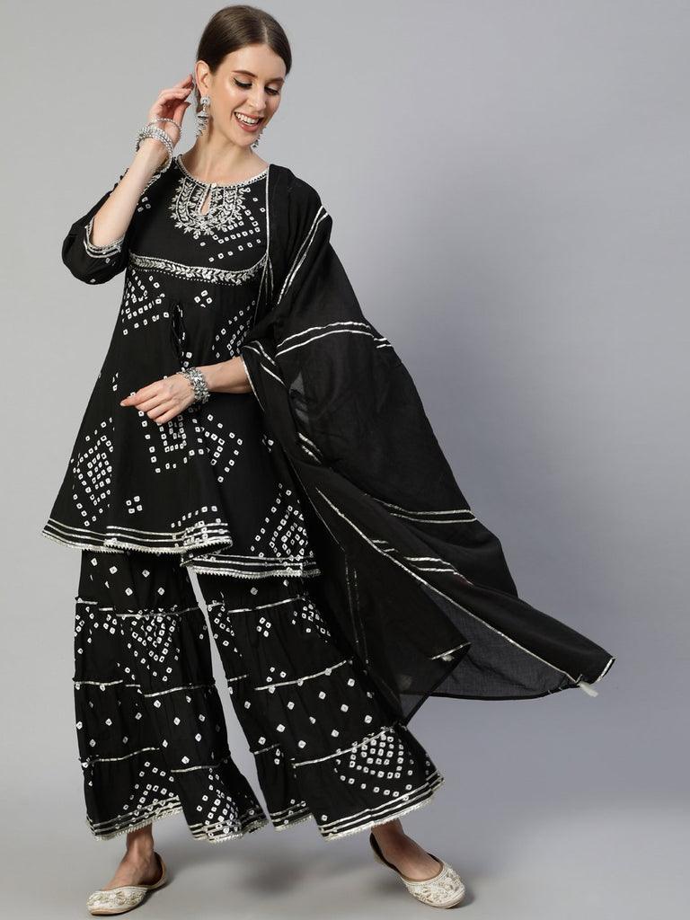 Women's Cotton Blend Black Embroidered Anarkali Peplum Kurta Sharara Dupatta Set - Ishin - Indiakreations