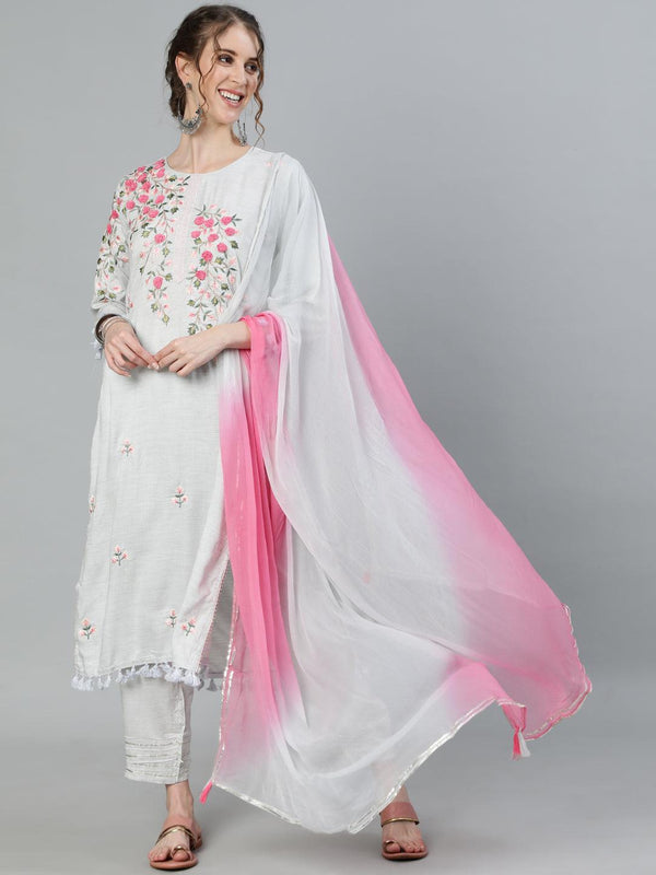 Women's Grey Embroidered A-Line Kurta With Trouser & Dupatta - Ishin - Indiakreations