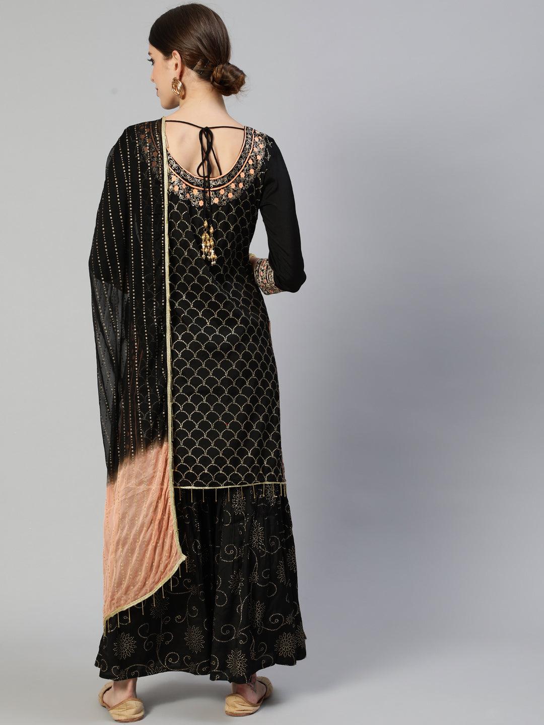 Women's Silk Blend Black Embroidered A-Line Kurta Sharara Dupatta Set - Ishin - Indiakreations