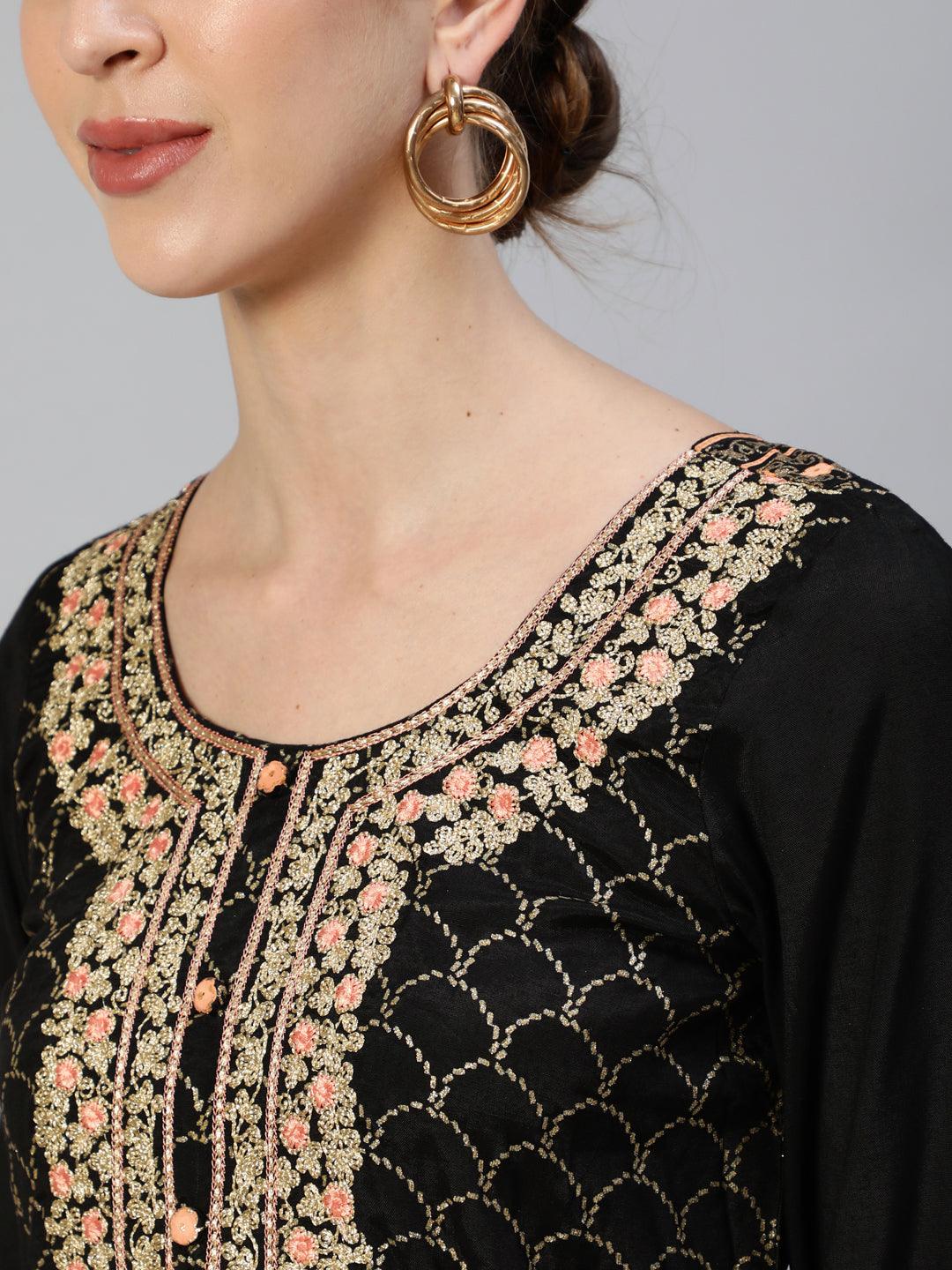 Women's Silk Blend Black Embroidered A-Line Kurta Sharara Dupatta Set - Ishin - Indiakreations