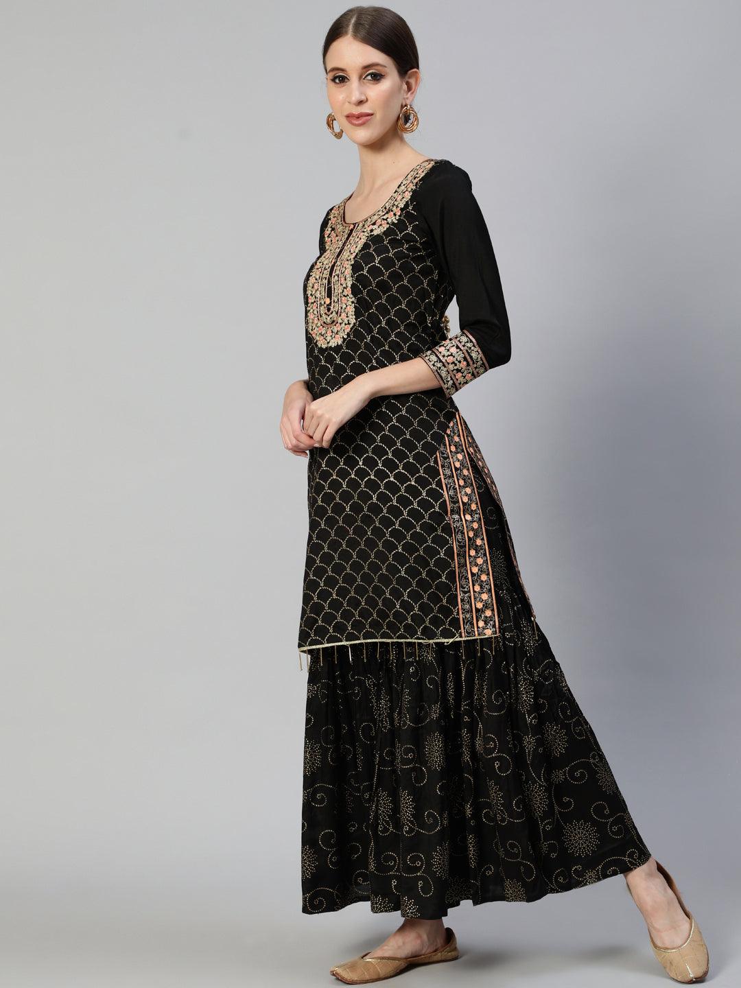 Women's Silk Blend Black Embroidered A-Line Kurta Sharara Dupatta Set - Ishin - Indiakreations