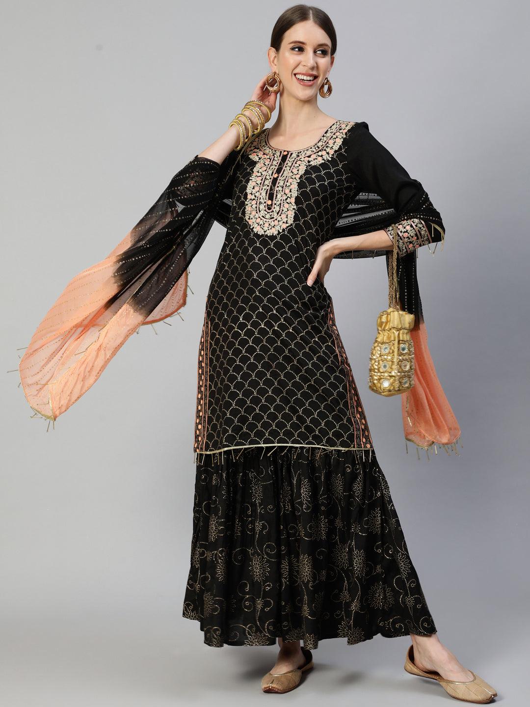 Women's Silk Blend Black Embroidered A-Line Kurta Sharara Dupatta Set - Ishin - Indiakreations