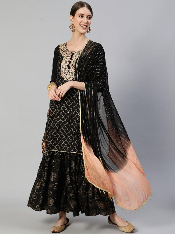 Women's Silk Blend Black Embroidered A-Line Kurta Sharara Dupatta Set - Ishin - Indiakreations